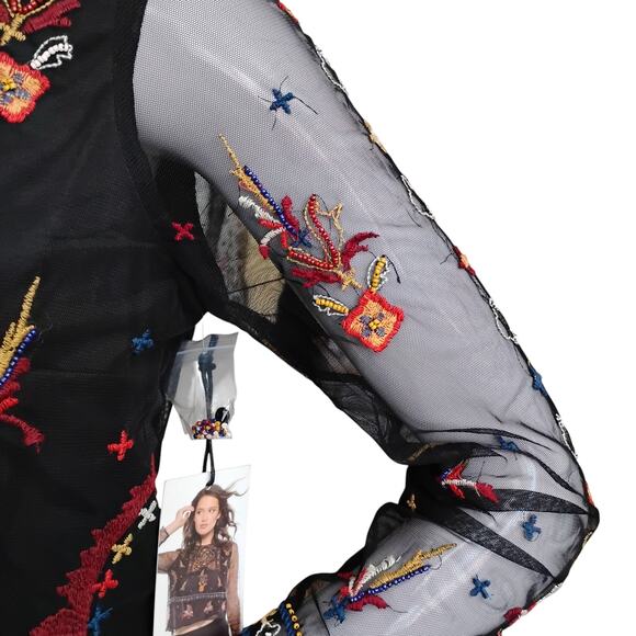 Black Tape_ Black Baroque Embroidered Blouse Size Small Mesh Long Sleeves NWT - Picture 4 of 10